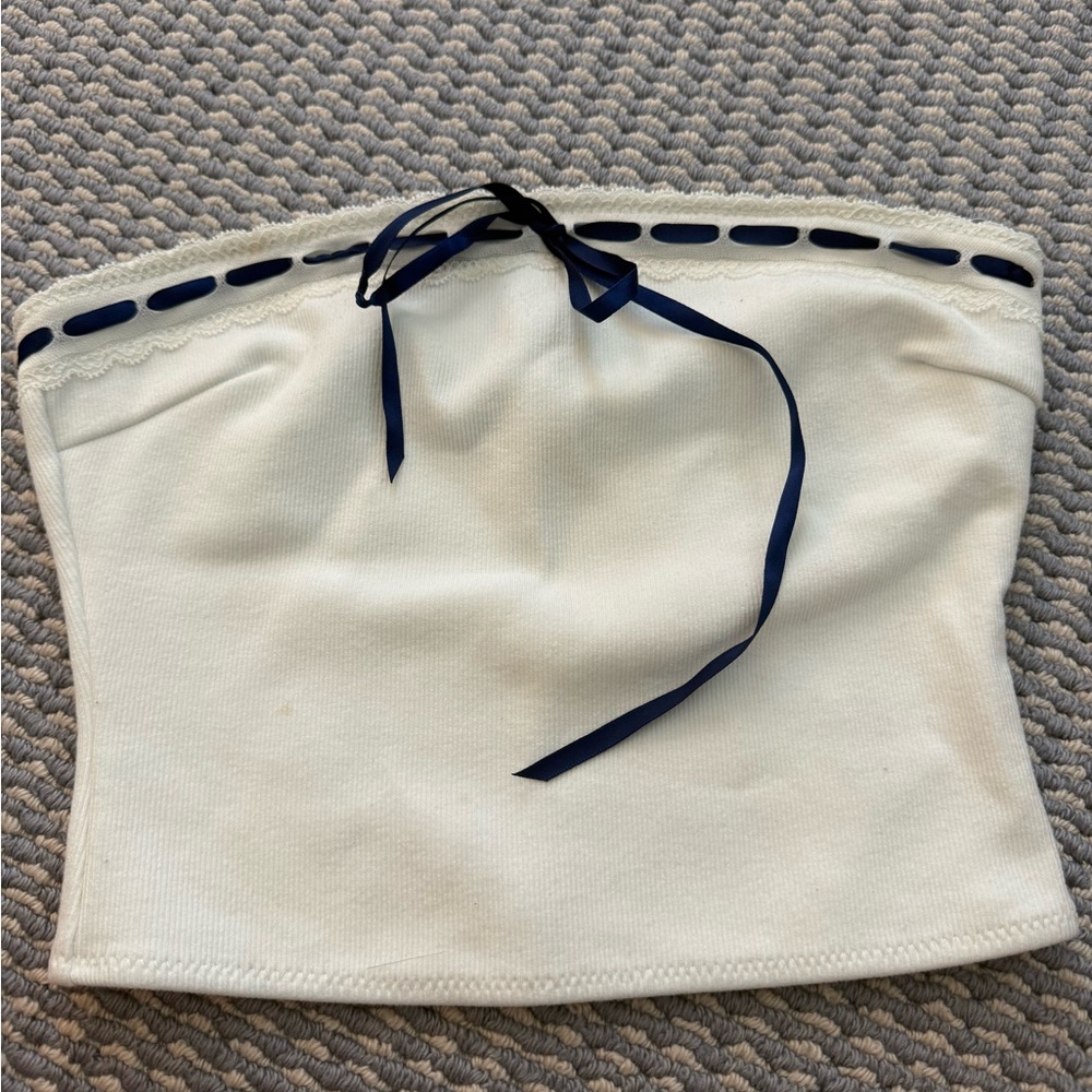 White Fox White Tube Top with Navy Ribbon Detail